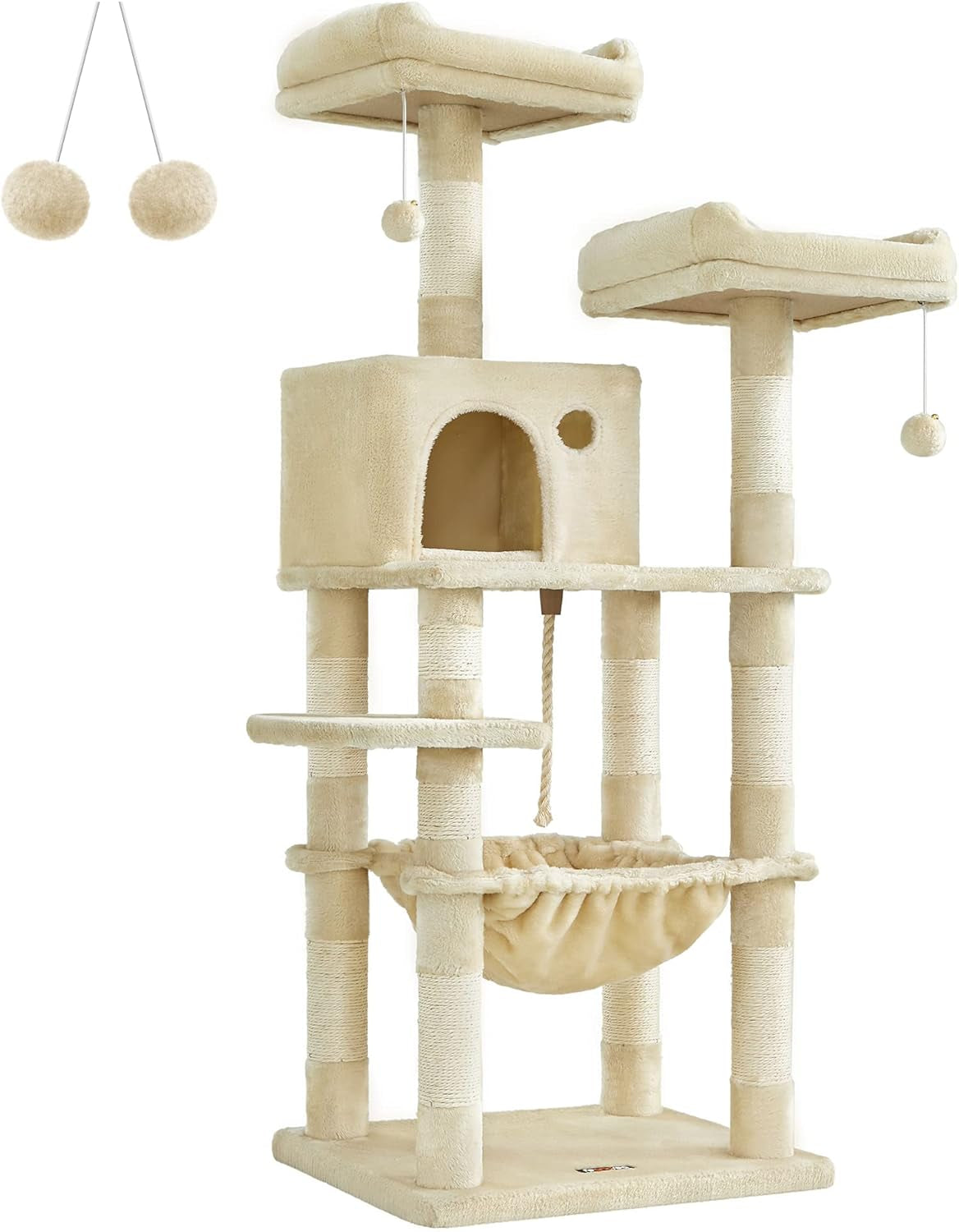 Feandrea Kratzbaum, 143 Cm Hoch, Katzenbaum Mit 11 Kratzsäulen, 2 Plattformen, 1 Katzenhöhle, 1 Hängematte, 2 Plüschbällen, Plüsch, Mehrstöckiges Design, Beige PCT15BE