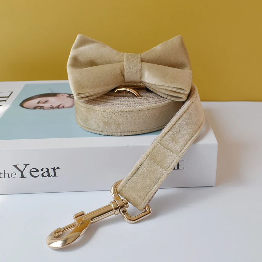 Free Engrave Fabric Dog Collar Leash Set for Medium Big Pet Necklace with Bow Tie Khaki Velvet Name Necklace Flannelette 09
