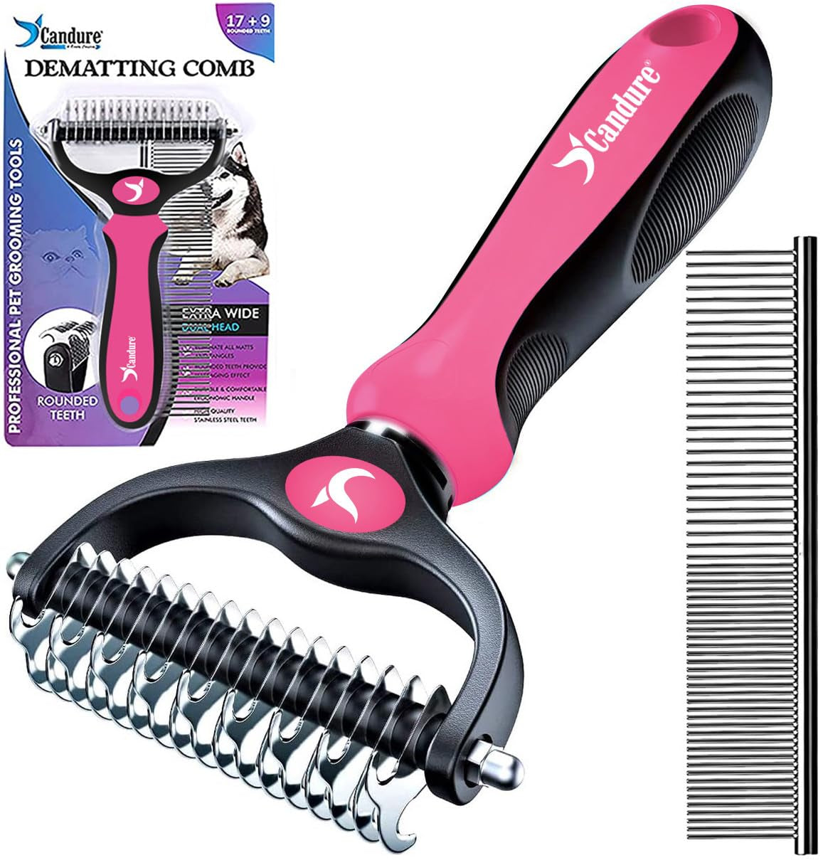Candure Haustierfreundliche Hundebürste Für Haarausfall & Effektive Haarentfernung 17+9 Doppelseitiger Entfilzungskamm Für Hunde & Katzen Haarbürste Zum Ausfallen (Rosa)