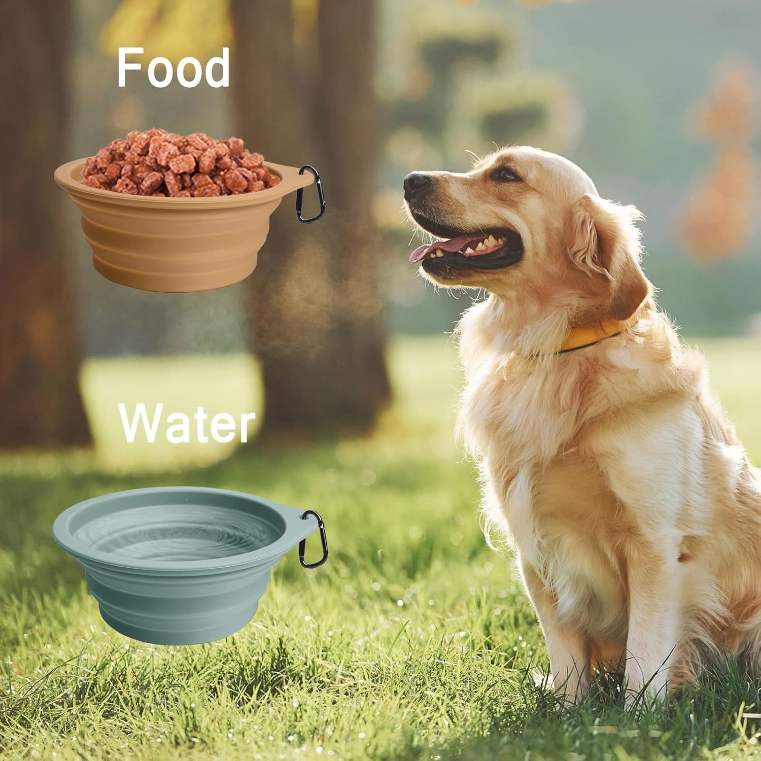 Petbonus Hundenäpfe Faltbar Hundenapf, 2 Stück Silikon Wassernapf Für Hunde Unterwegs, Tragbar Auslaufsichere Reisenäpfe Mit Karabiner Für Hunde Katzen Für Wasser Und Futter (Türkis, Hellbraun)