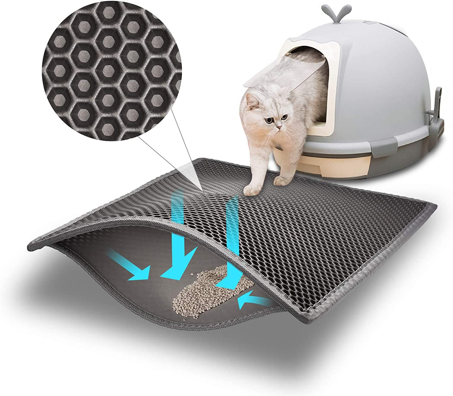 Katzenklo Matte, Katzenstreu Matte Katzenklo Unterleger Waben Design Katzentoilette Vorleger Wasserdichte Doppelte Schichte Entwurf Bienenwabe Mat (Grau 61X38 Cm)