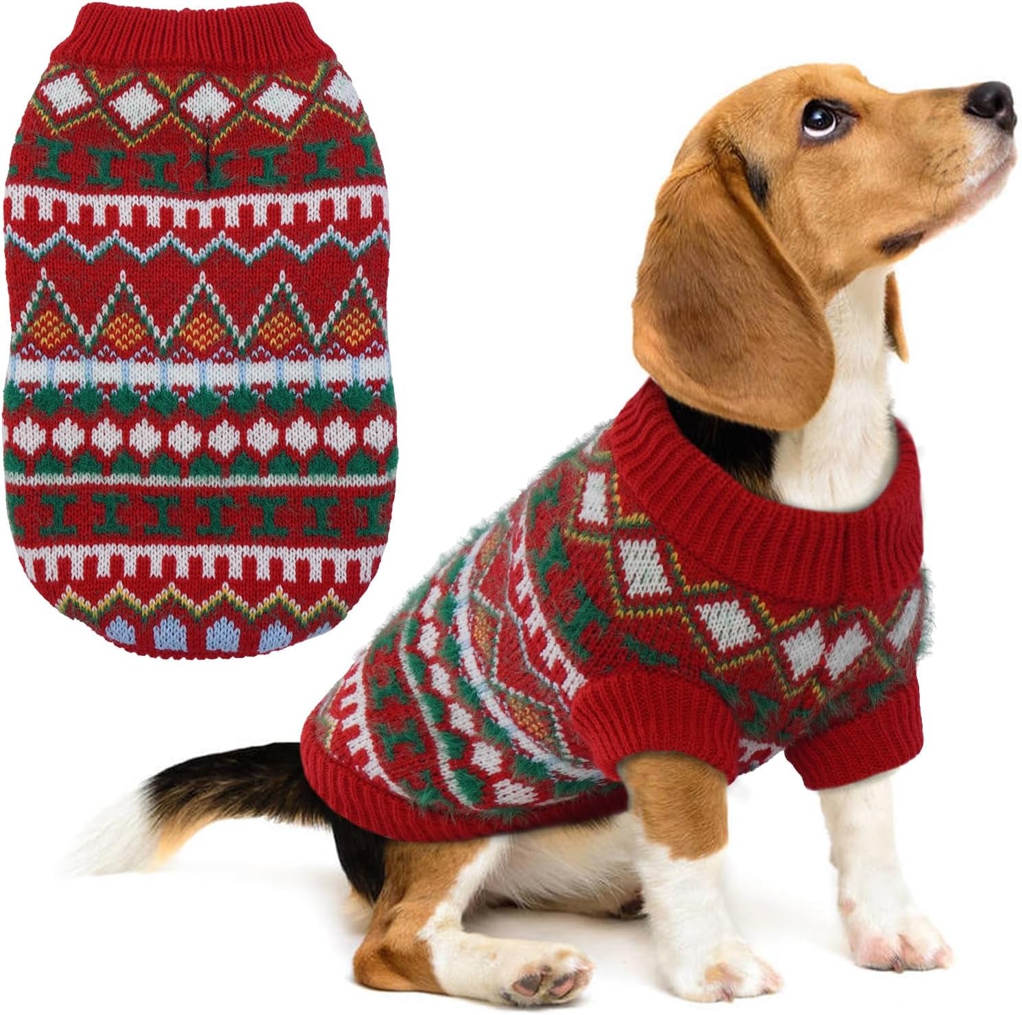 Hjumarayan Hundepullover - Boho Hundepullover Kleine Hunde Weihnachtspullover, Schöne Hunde Pullover Mit Geschirr Öffnung, Dicken Hundepulli Chihuahua Yorkshire Jack Russell Pullis (Rot-Grün M)