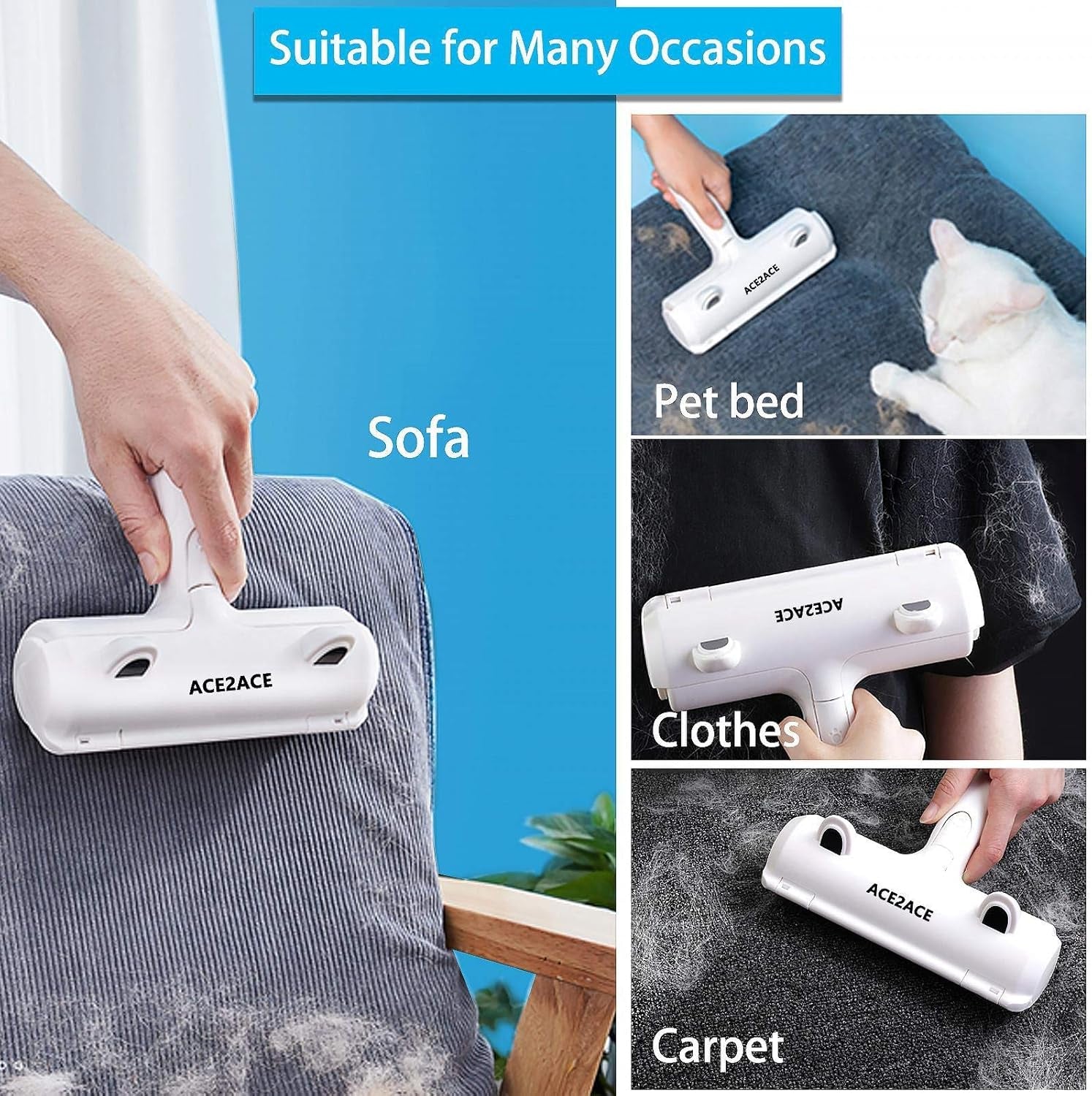 ACE2ACE Tierhaarentferner Fusselrolle, Fusselrolle Für Hundehaare Und Katzenhaare Wiederverwendbar, Fusselbürste Für Tierhaar, Für Sofa, Bett, Teppich, Kratzbaum, Weiß