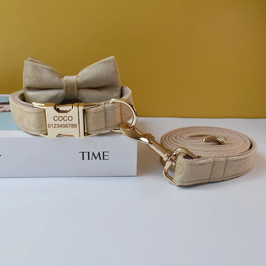 Free Engrave Fabric Dog Collar Leash Set for Medium Big Pet Necklace with Bow Tie Khaki Velvet Name Necklace Flannelette 09