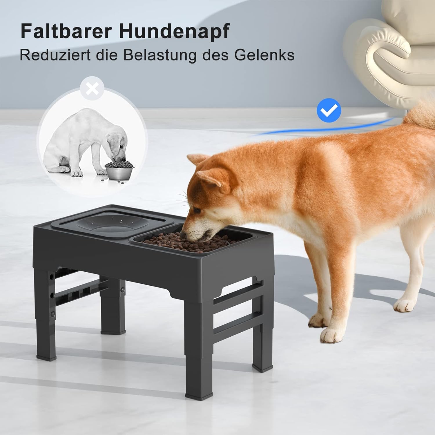 ELS PET Erhöhter Hundenapf: 2-In-1 Auslaufsicher Faltbarer Wassernapf & Langsamfutternapf Mit 4 Höhenverstellbarer Napfständer Für Große Mittelgroße Kleine Hunde & Haustiere Zu Hause