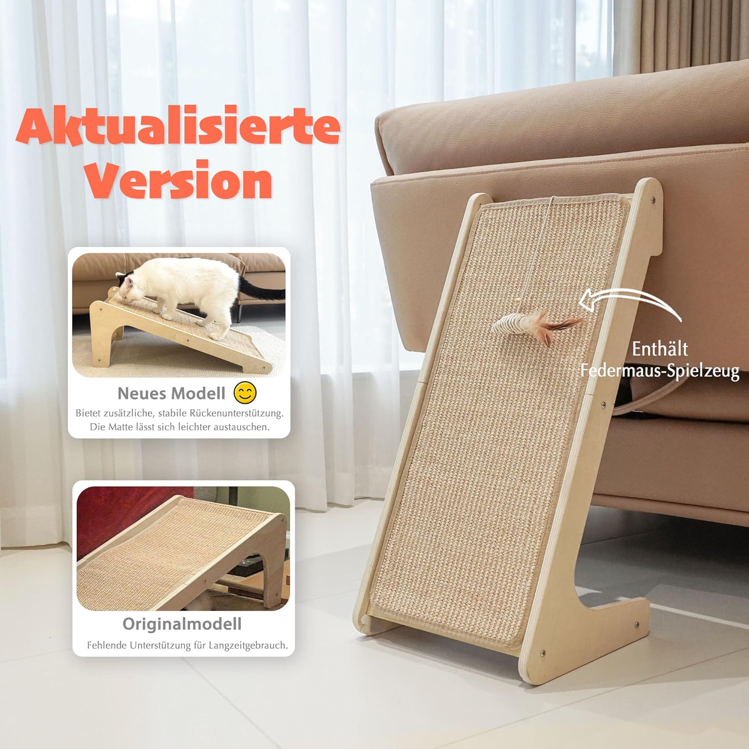 PETKARAY Kratzbrett Katze, 68 Cm Hohe L-Förmiger Sisal Kratzsäule, Dual-Use Kratzpads Für Katzen, Katzenkratzbrett Für Wand Und Ecke (Mit Katzenminze, Mausspielzeug)