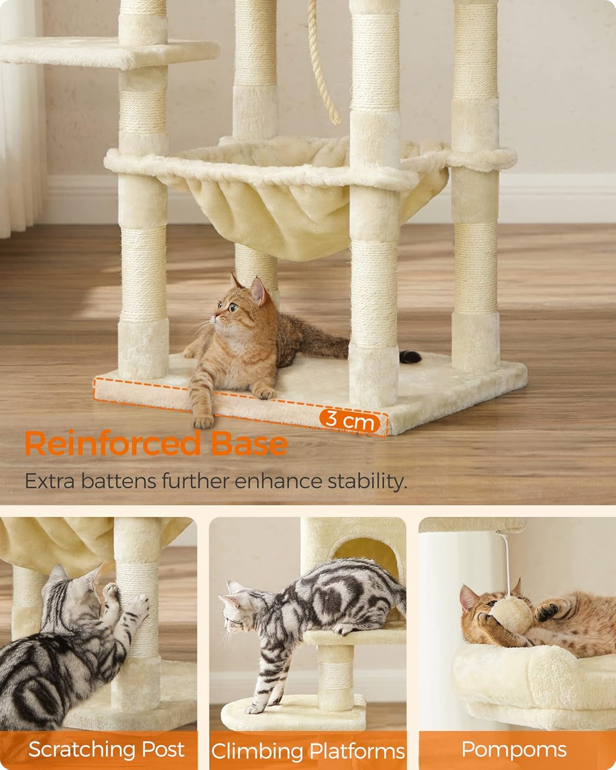 Feandrea Kratzbaum, 143 Cm Hoch, Katzenbaum Mit 11 Kratzsäulen, 2 Plattformen, 1 Katzenhöhle, 1 Hängematte, 2 Plüschbällen, Plüsch, Mehrstöckiges Design, Beige PCT15BE