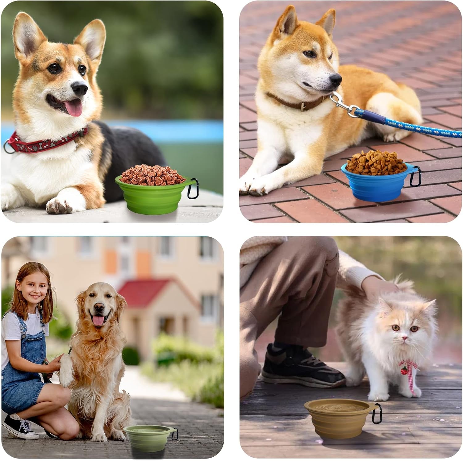 Petbonus Hundenäpfe Faltbar Hundenapf, 2 Stück Silikon Wassernapf Für Hunde Unterwegs, Tragbar Auslaufsichere Reisenäpfe Mit Karabiner Für Hunde Katzen Für Wasser Und Futter (Türkis, Hellbraun)