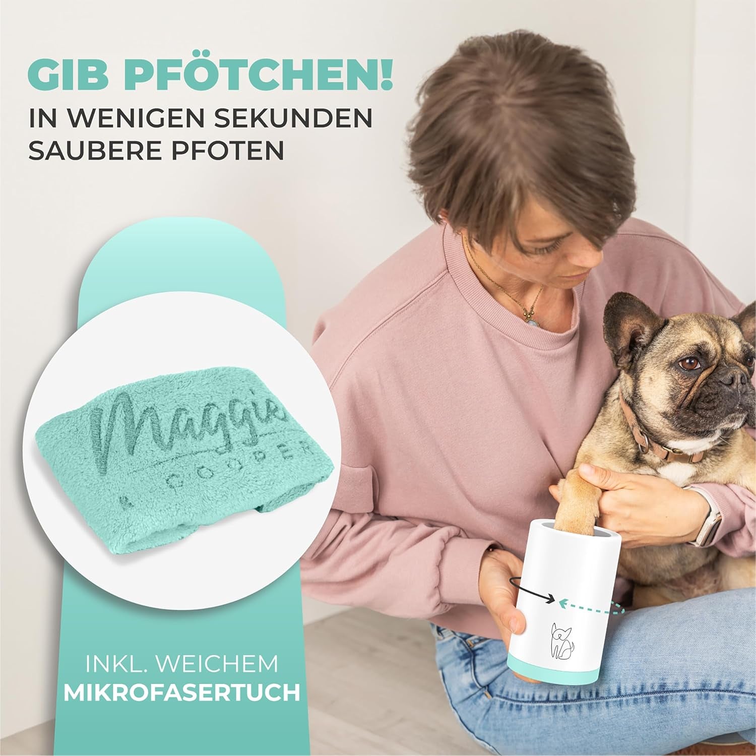 Pfotenreiniger (Größe L, Farbe: Grün) | Saubere Pfoten | Inkl. Mikrofaserhandtuch | 2 Versch. Größen Verfügbar | Spülmaschinenfest | Weiche Bürsten