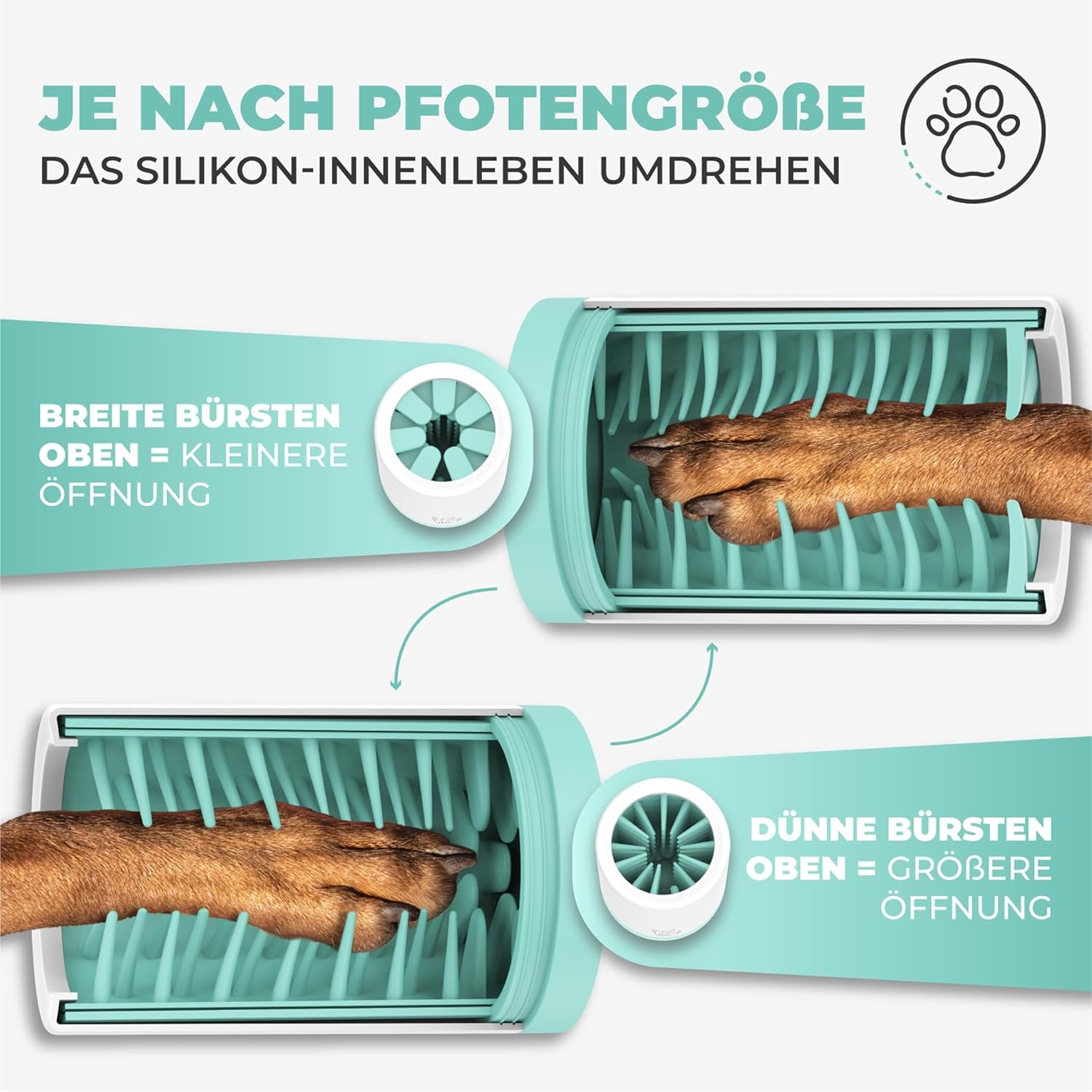Pfotenreiniger (Größe L, Farbe: Grün) | Saubere Pfoten | Inkl. Mikrofaserhandtuch | 2 Versch. Größen Verfügbar | Spülmaschinenfest | Weiche Bürsten