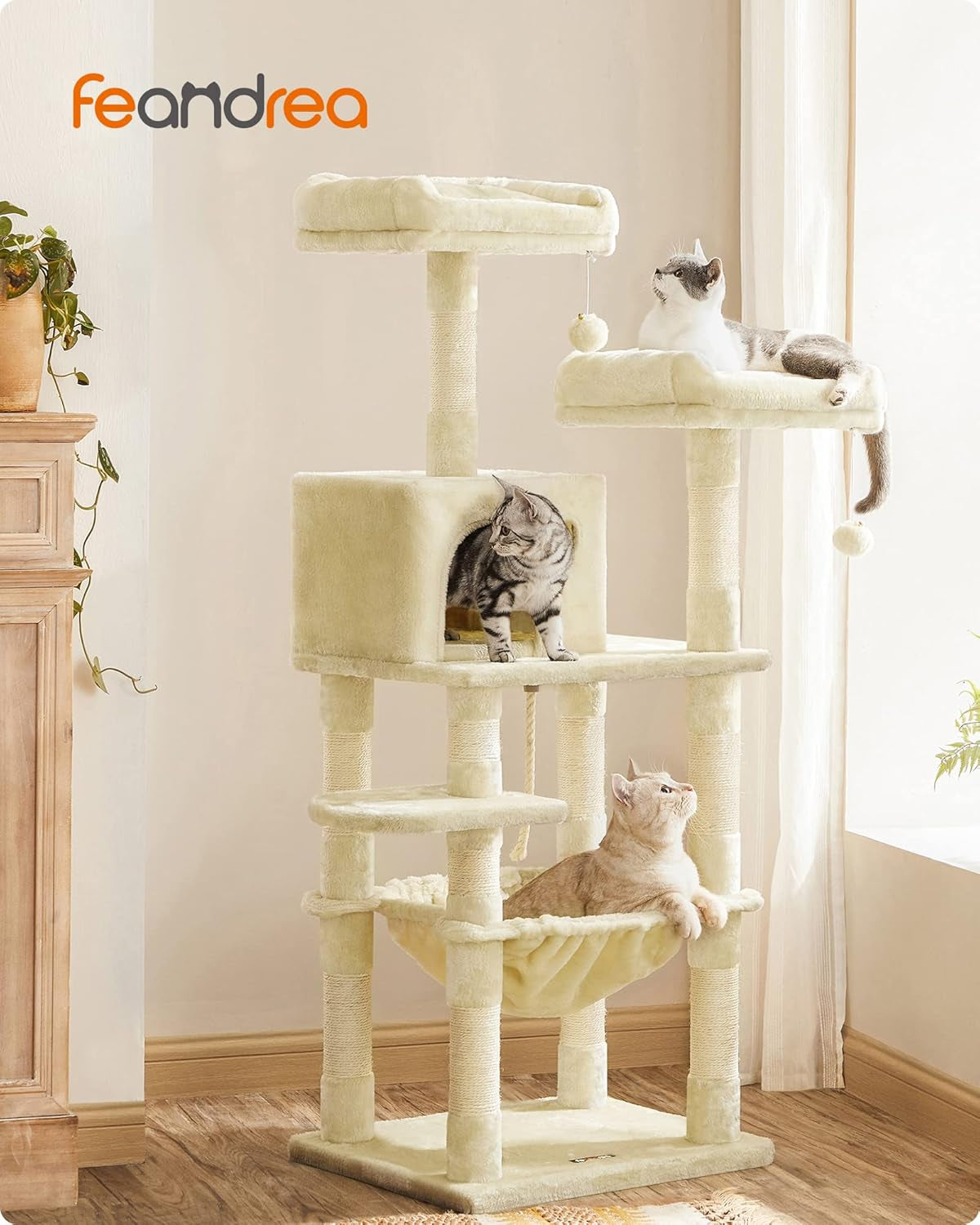 Feandrea Kratzbaum, 143 Cm Hoch, Katzenbaum Mit 11 Kratzsäulen, 2 Plattformen, 1 Katzenhöhle, 1 Hängematte, 2 Plüschbällen, Plüsch, Mehrstöckiges Design, Beige PCT15BE