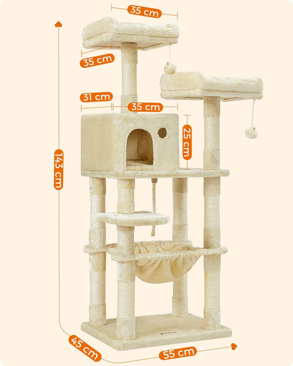 Feandrea Kratzbaum, 143 Cm Hoch, Katzenbaum Mit 11 Kratzsäulen, 2 Plattformen, 1 Katzenhöhle, 1 Hängematte, 2 Plüschbällen, Plüsch, Mehrstöckiges Design, Beige PCT15BE