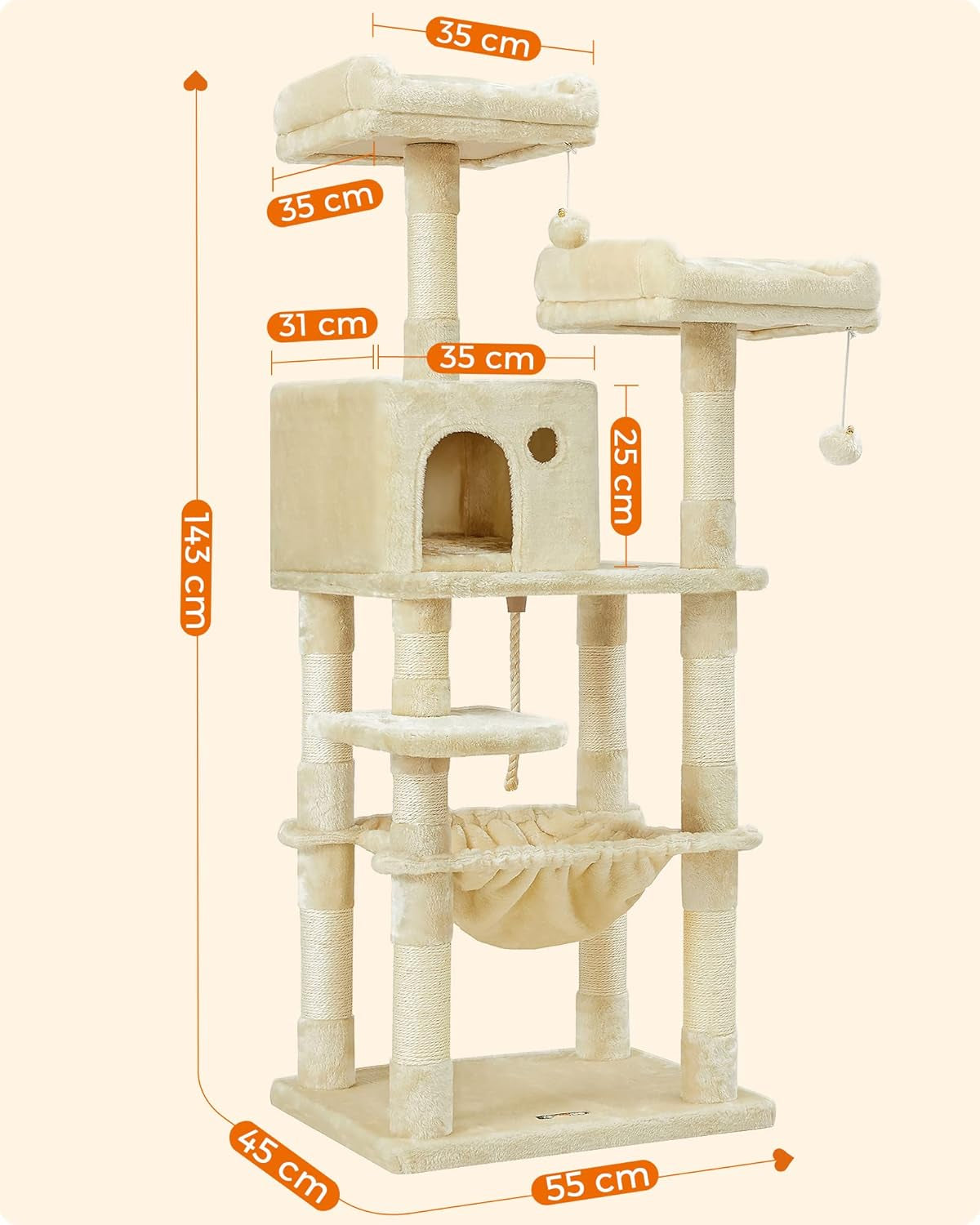 Feandrea Kratzbaum, 143 Cm Hoch, Katzenbaum Mit 11 Kratzsäulen, 2 Plattformen, 1 Katzenhöhle, 1 Hängematte, 2 Plüschbällen, Plüsch, Mehrstöckiges Design, Beige PCT15BE