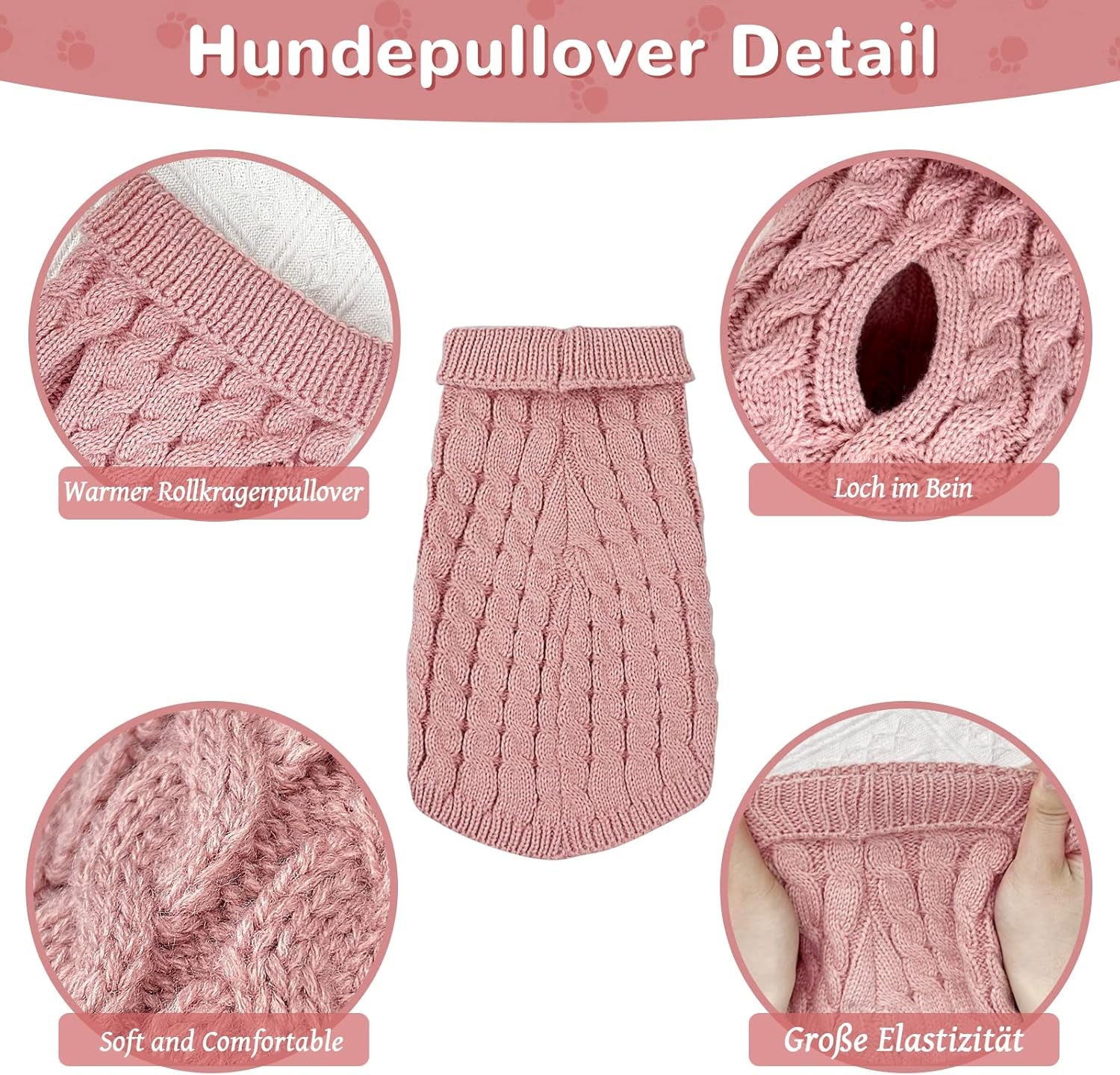 Hundepullover Haustier Pullove, Winter Warmer Hund Katzenpullover, Kleine Hunde Rollkragen Strickpullover, Strickpullover Oberbekleidung Für Kleine Mittelgroße Hunde Und Katzen(Rosa S)