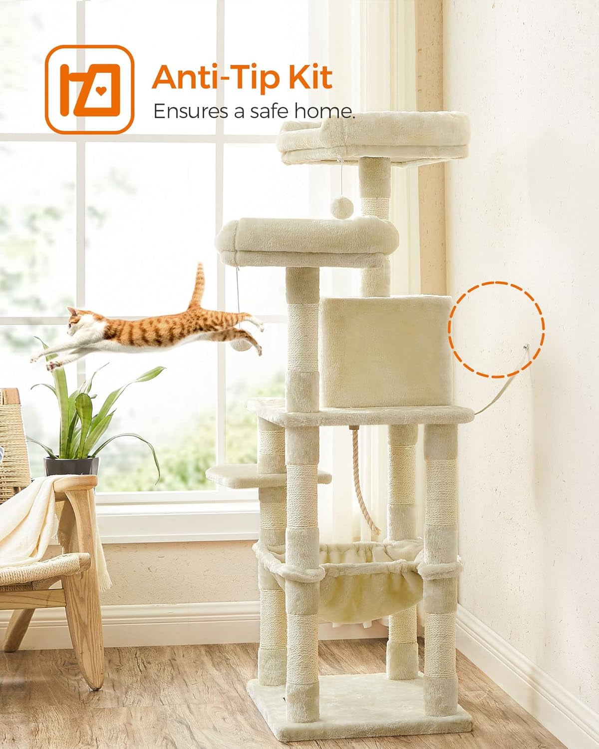 Feandrea Kratzbaum, 143 Cm Hoch, Katzenbaum Mit 11 Kratzsäulen, 2 Plattformen, 1 Katzenhöhle, 1 Hängematte, 2 Plüschbällen, Plüsch, Mehrstöckiges Design, Beige PCT15BE